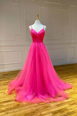 Simple pink tulle long prom dress pink tulle formal dress - RongMoon