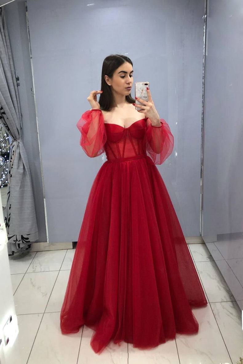 Burgundy sweetheart tulle long prom dress burgundy evening dress - RongMoon
