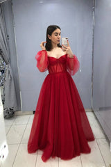 Burgundy sweetheart tulle long prom dress burgundy evening dress - RongMoon