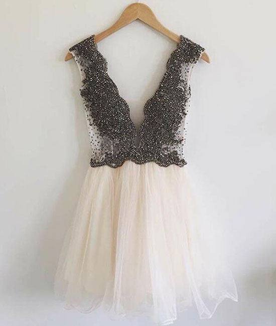 Custom made v neck beaded short prom dress. cute homecoming dress - RongMoon