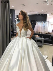 Ball Gown Satin Lace Appliques White Wedding Dress With Pocket