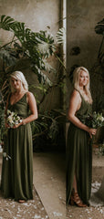 Elegant Simple V-neck Sleeveless Side Slit Chiffon Wedding Party Dresses Long Bridesmaid Dresses.DB10703