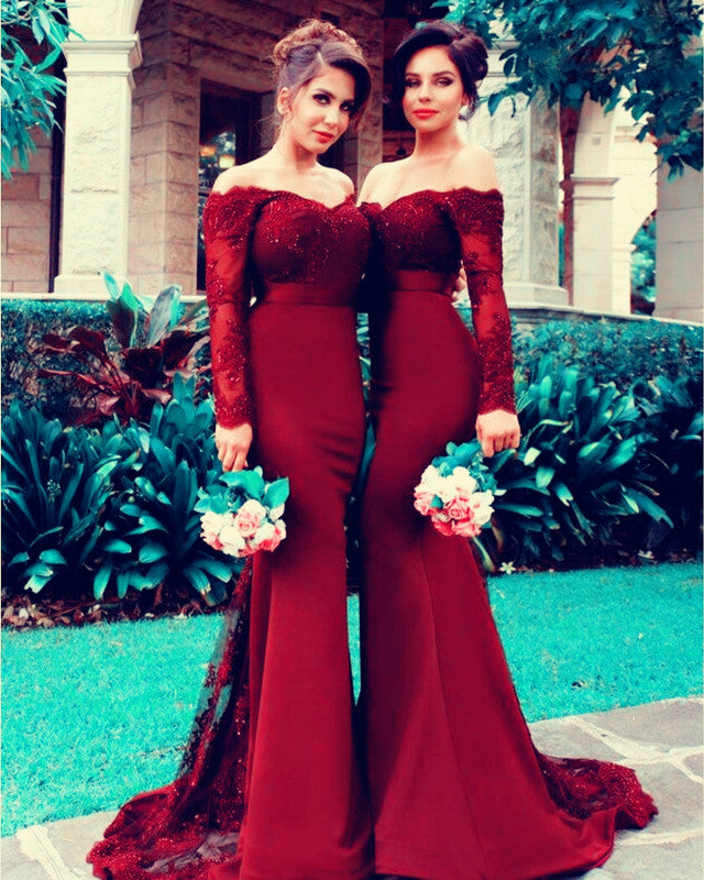 Lace Sleeves V-neck Off Shoulder Bridesmaid Dresses Long Mermaid Gowns