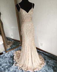 V Neck Long Tulle Mermaid Evening Dresses With Gold Beading