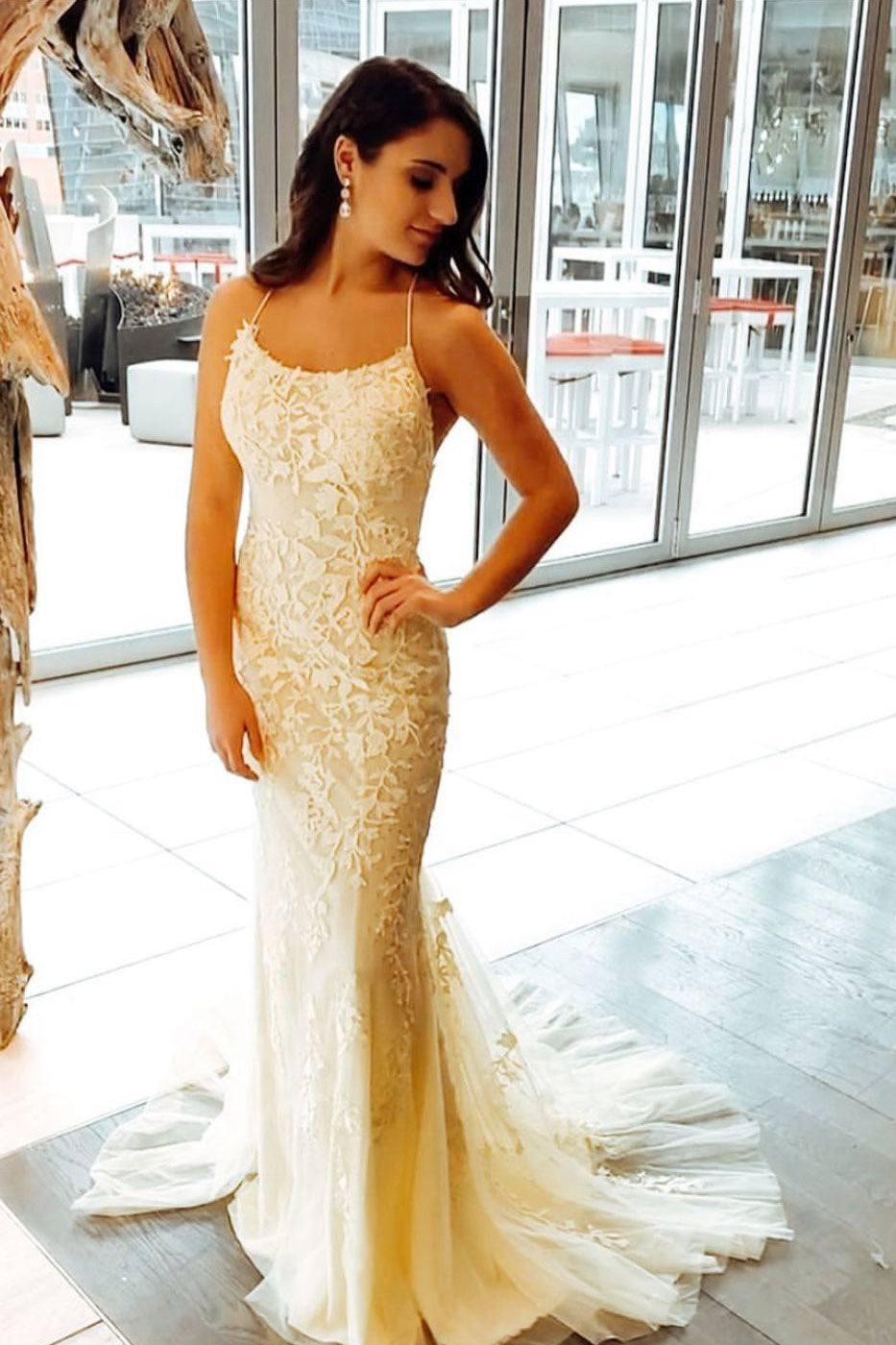 Champagne tulle lace mermaid long prom dress champagne evening dress - RongMoon