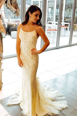 Champagne tulle lace mermaid long prom dress champagne evening dress - RongMoon