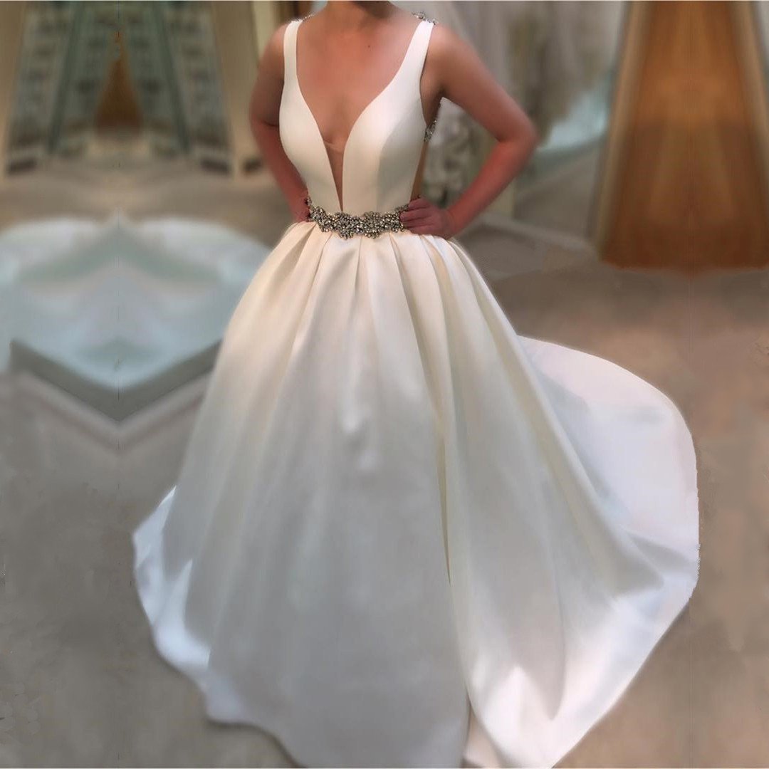 Deep V Neck White Satin Ball Gown Wedding Dresses Open Back