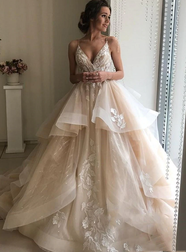 Champagne Tulle Spaghetti Straps Backless Appliques Wedding Dress