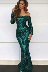 Long Sleeves Mermaid Green Off The Shoulder Sequins Prom Dress