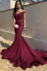 Mermaid Gorgeous Burgundy Sleeveless Off-The-Shoulder Prom Dress