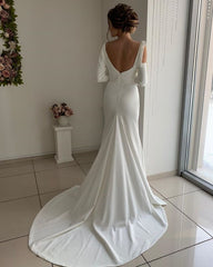 Satin Sexy Backless Sheath Long Sleeve Sash Belt Wedding Dress