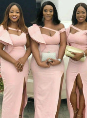 Pink Mermaid Satin Irregular Neck Bridesmaid Dress With Split
