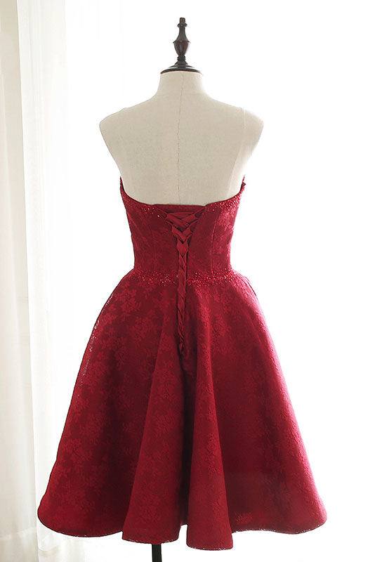 Burgundy sweetheart lace short prom dress burgundy homecoming dress - RongMoon