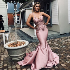 Appliques Open Back Spaghetti Straps Cheap Beads Mermaid Pink Prom Dress