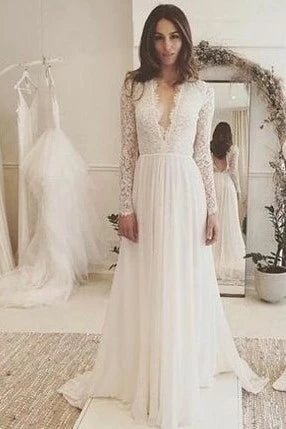 Lace Chiffon Boho V-neckline Long Sleeve Wedding Dress