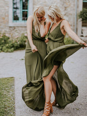 Elegant Simple V-neck Sleeveless Side Slit Chiffon Wedding Party Dresses Long Bridesmaid Dresses.DB10703