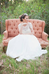 A Line Sweet Lace Chiffon Short Sleeves Wedding Dress