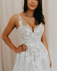 A Line Tulle Romantic V Neck Appliques Wedding Dress