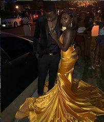 Open Back Gold Mermaid Sexy Formal Prom Dress Long with Appliques