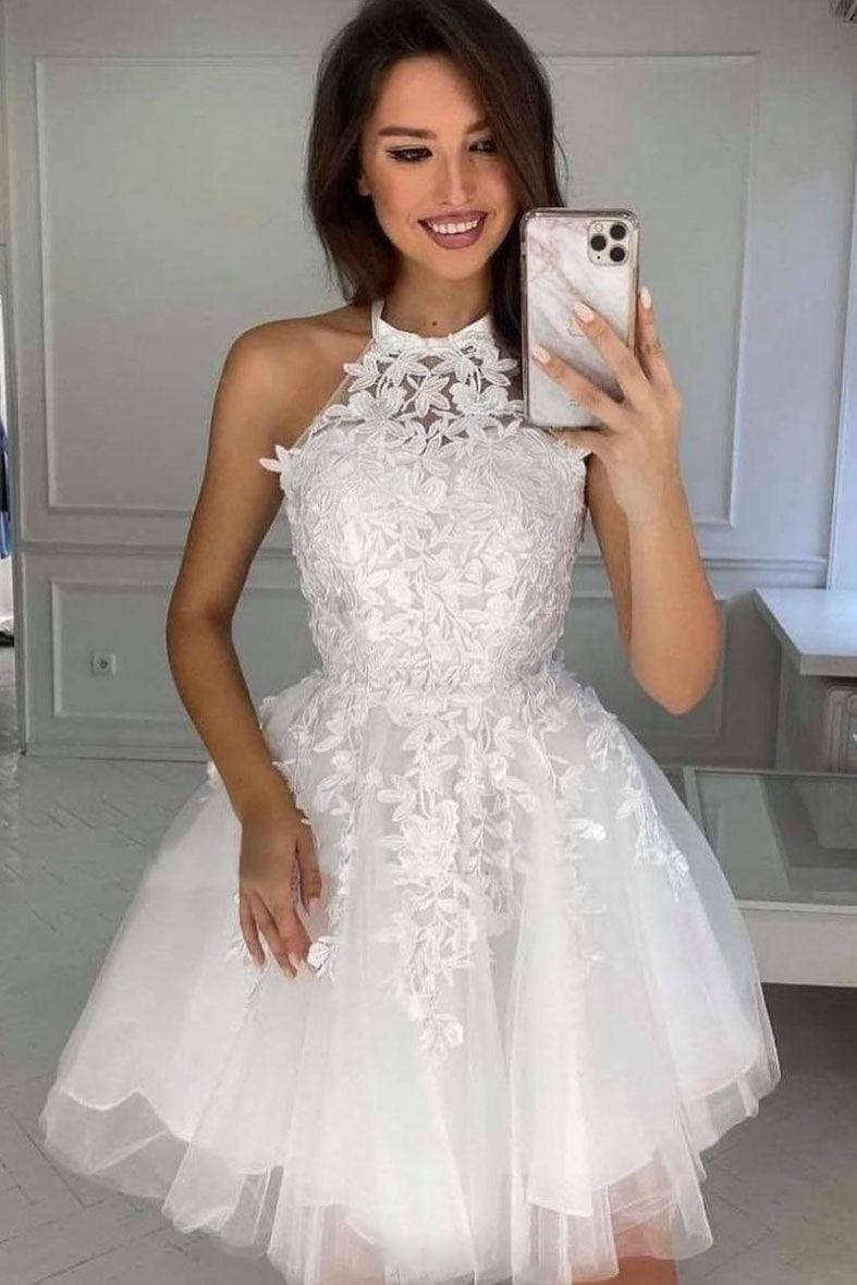 champagne tulle lace short prom dress lace cocktail dress - RongMoon