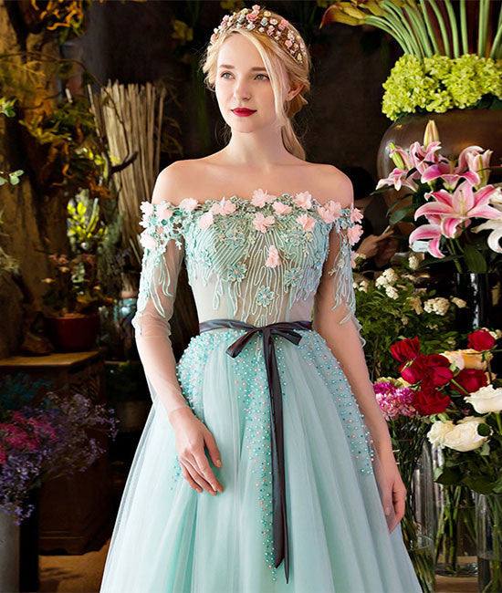 Unique green lace tulle long prom dress, green evening dress - RongMoon