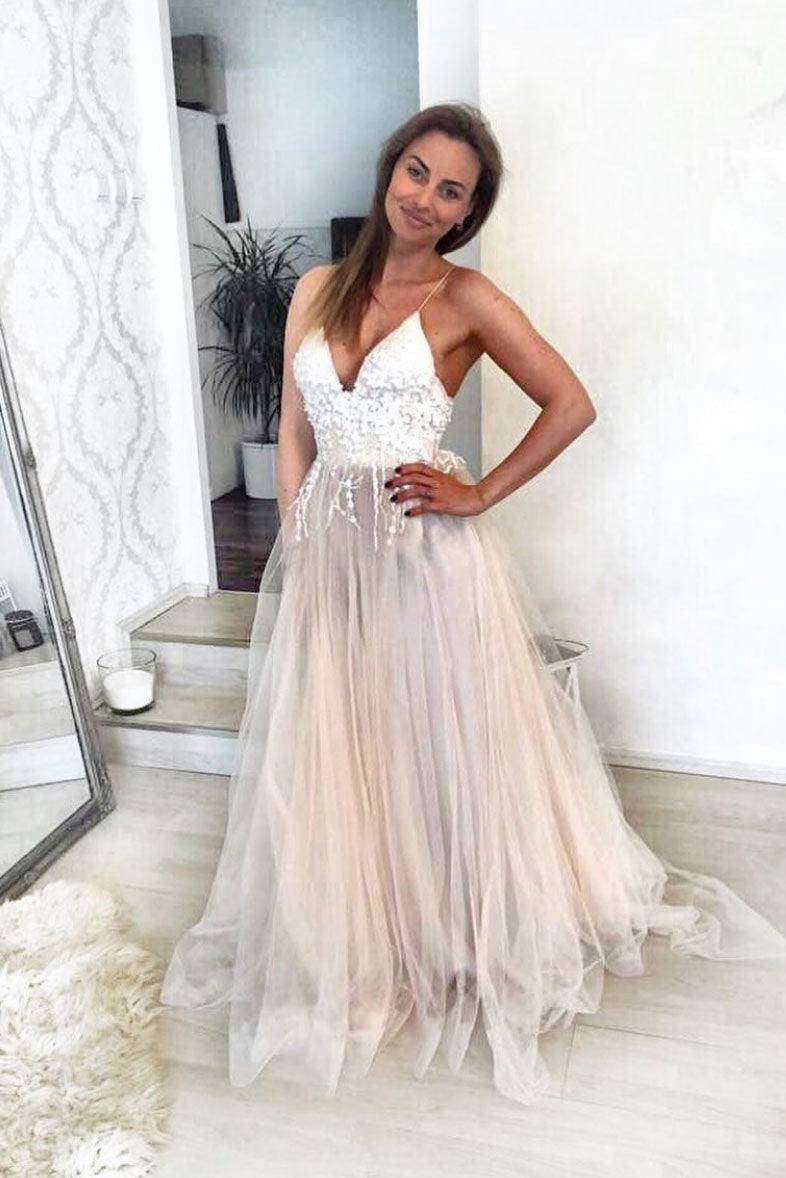 Champagne sweetheart tulle lace long prom dress champagne evening dress - RongMoon