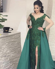 Sheer Long Sleeves Leg Slit Satin Mermaid Evening Dresses Lace Appliques