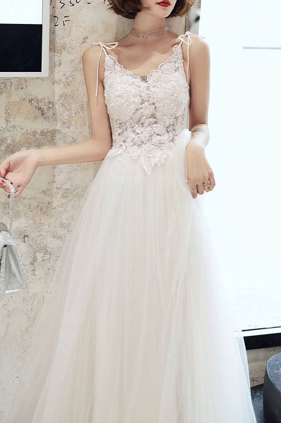 White lace tulle long prom dress white tulle lone evening dress - RongMoon