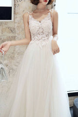 White lace tulle long prom dress white tulle lone evening dress - RongMoon