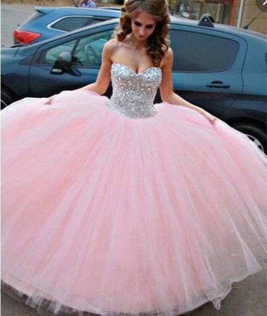 Sweetheart Neck Rhinestone Tulle Long Pink Prom Gown, Evening Dress - RongMoon