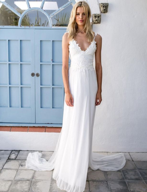 Chiffon Summer Bridal Backless Beach Lace Wedding Dress with Sash