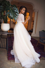 Beige two pieces tulle long prom dress beige formal dress - RongMoon