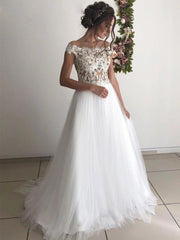 Round Neck Off the Shoulder Tulle White Lace Wedding Dress