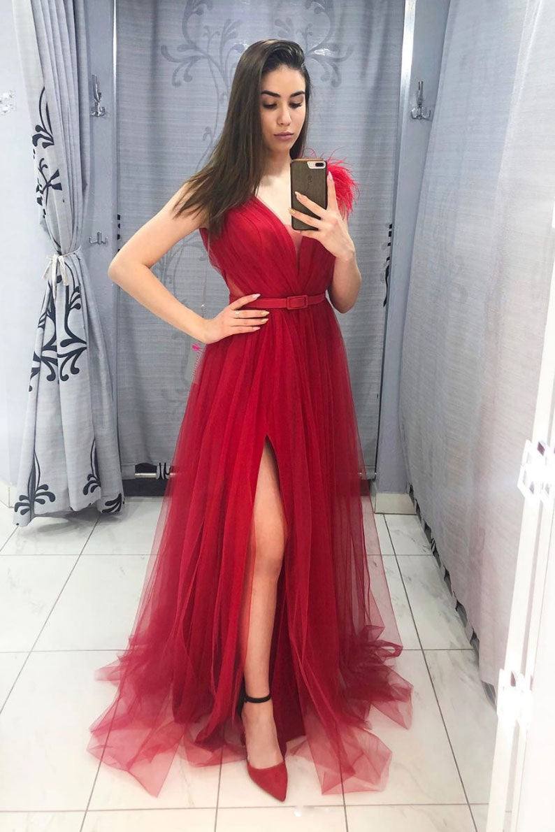 Burgundy v neck tulle long prom dress burgundy formal dress - RongMoon