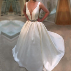 Deep V Neck White Satin Ball Gown Wedding Dresses Open Back