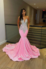 Pink Sequins V-Neck Beading Mermaid Prom Dress