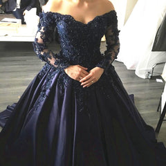 Navy Blue Lace Appliques Long Sleeves Ball Gowns Wedding Dresses Off Shoulder