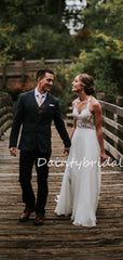 Affordable V-neck Simple Chiffon Lace Long Sleeve Open Back Long Wedding Dresses, DB10690