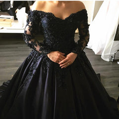 Navy Blue Lace Appliques Long Sleeves Ball Gowns Wedding Dresses Off Shoulder