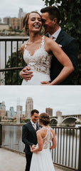 Affordable V-neck Simple Chiffon Lace Long Sleeve Open Back Long Wedding Dresses, DB10690