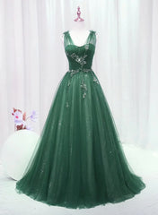 Green Tulle V Neck Beading Appliques Prom Dress