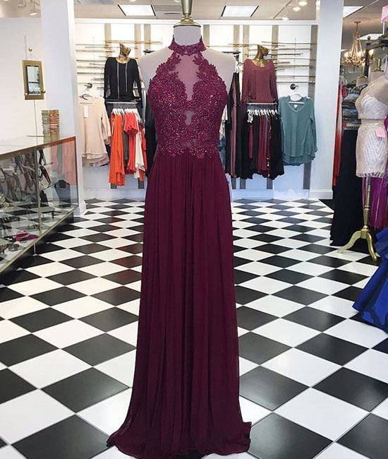 Maroon hight neck lace long prom dress, maroon evening dress - RongMoon