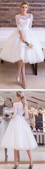 Cute A-line White Lace Round Neck Half Sleeve Clairvoyant Outfit Tulle Knee Length Wedding Dresses, WD0145