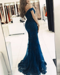 Charming Lace Pearl Beaded Mermaid Off The Shoulder Prom Dresses