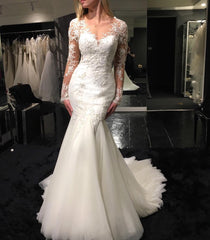 Long Sleeves Mermaid Wedding Dresses Lace Appliques