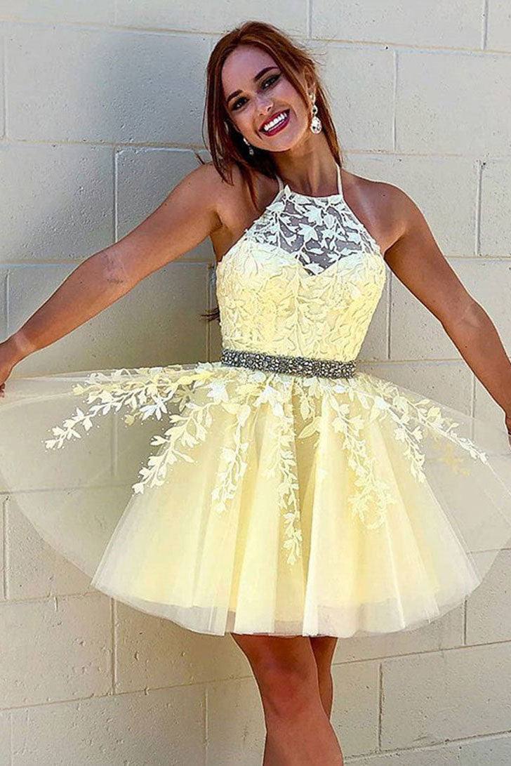 Yellow tulle lace short prom dress yellow homecoming dress - RongMoon