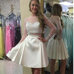 Two Pieces Long Illusion Sleeve Clairvoyant Outfit Sweetheart Beads Homecoming Dresses, BD00146