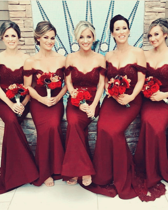 Mermaid Off-the-shoulder Prom Dresses V-neck Bridesmaid Gowns Lace Appliques