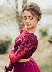 Tulle Bateau Burgundy Long Evening Dress With Beaded