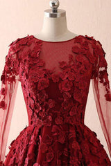 Burgundy round neck lace long prom dress burgundy evening dress - RongMoon